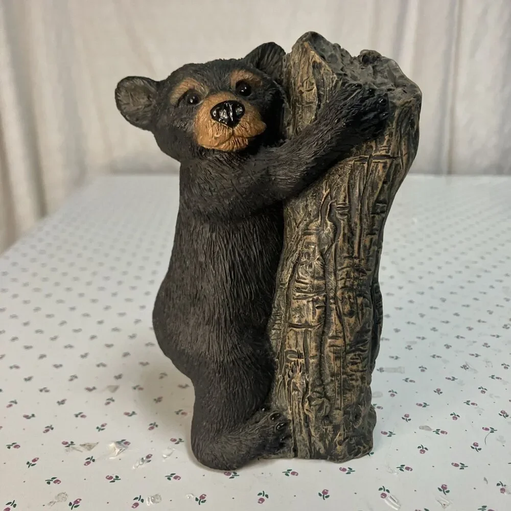 Creation By Carole Solid Resin Black Bear Clinging To A Tree Trunk 5.5”